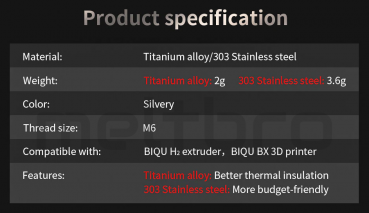 BIQU H2 extruder Titan Bimetall Vollmetall heatbreak Zuführrohr BTT Bigtreetech