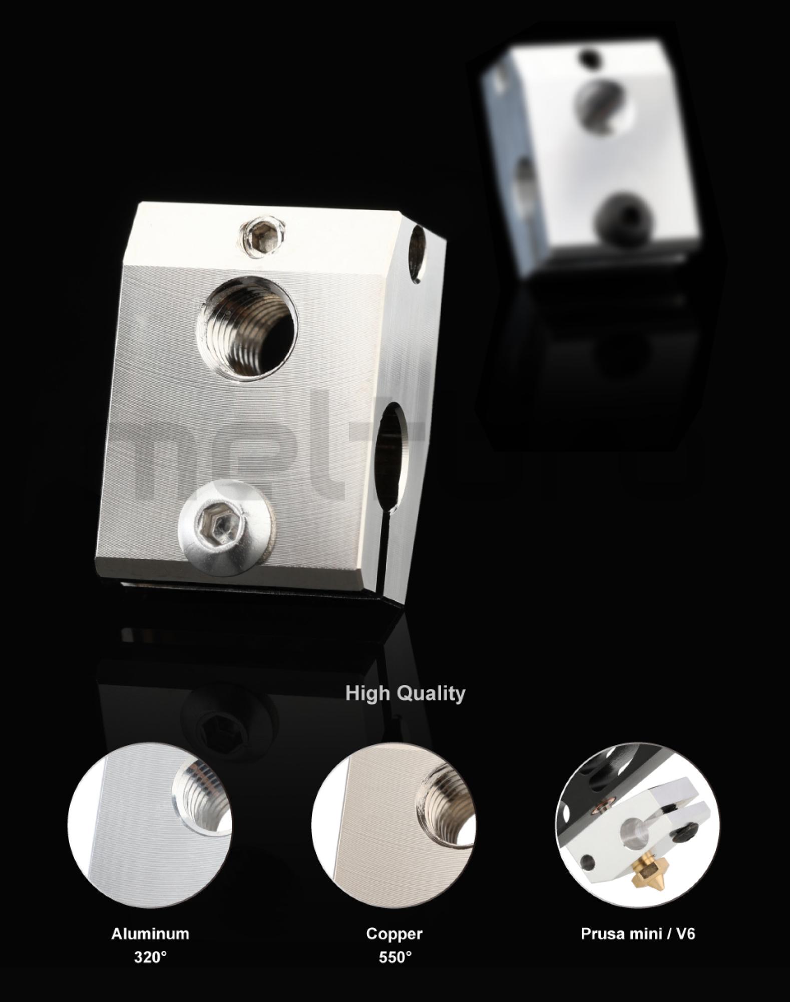 Heizblock für Prusa Mini Kupfer (vernickelt) oder Aluminium ähnl V6 hotend